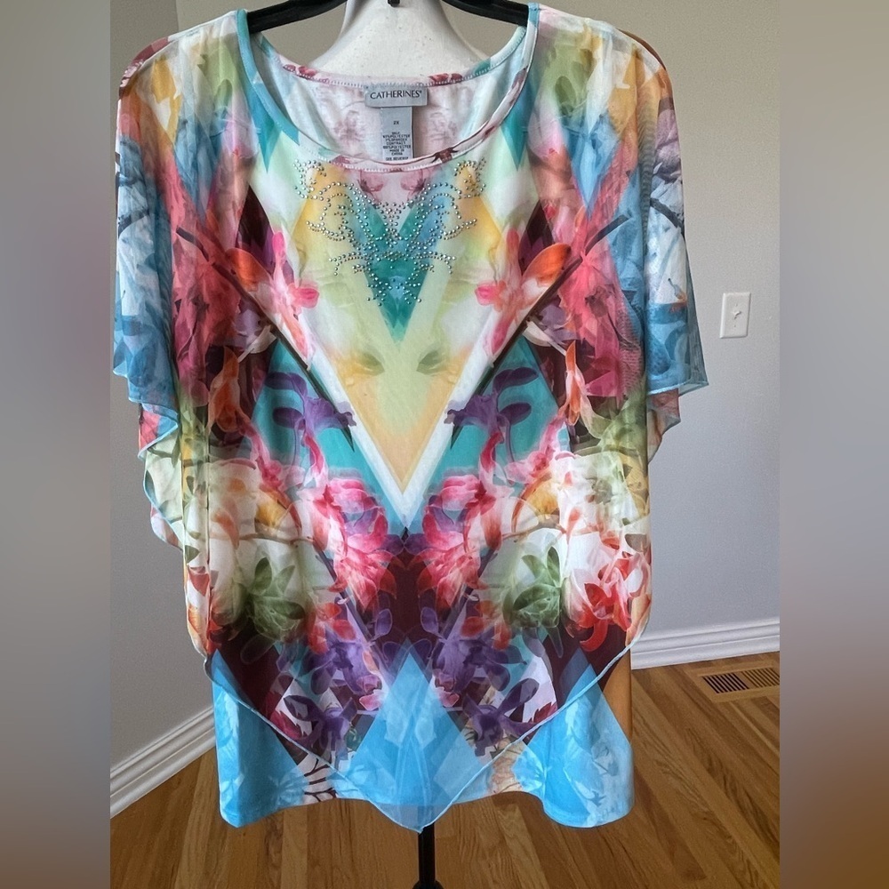 Catherines 2X  top tank sheer top colorful career going out plus size work